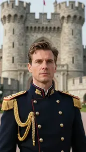 Distinguished Navy Caped Commander Hero At The Castle