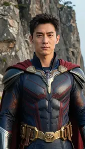 Distinguished Navy Caped Paragon Hero On The Cliff