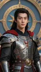 Distinguished Navy Caped Paladin Hero At The Temple