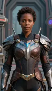 Ebony Black Armored Captain Hero On The Bridge