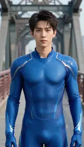 Electric Blue Suited Guardian Hero On The Bridge