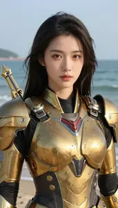 Electrical Gold Armored Soldier Hero At The Ocean Shore