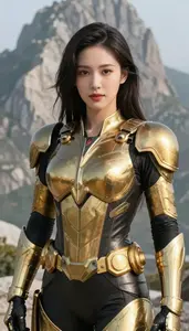 Electrical Gold Armored Vigilante Hero On The Mountain Peak
