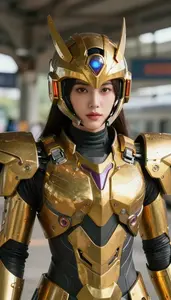 Electrical Gold Armored Fighter Hero At The Train Station