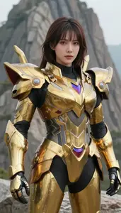 Electrical Gold Armored Paragon Hero On The Mountain Peak