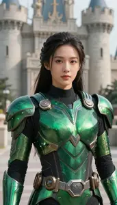Emerald Green Armored Avenger Hero At The Castle