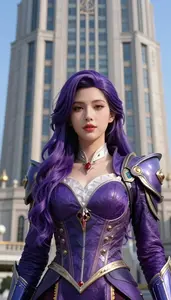 Enchanted Violet Suited Fighter Hero At The Downtown Tower