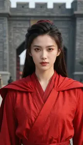 Fiery Red Caped Fighter Hero At The Fortress Gate