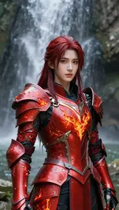 Flaming Red Armored Knight Hero At The Waterfall