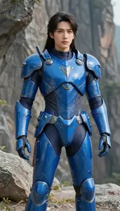 Fluid Water Blue Armored Sentinel Hero On The Cliff
