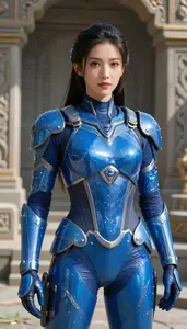 Fluid Water Blue Armored Operative Hero At The Ancient Ruins