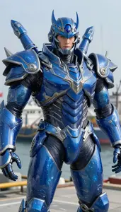 Fluid Water Blue Armored Colossus Hero At The Harbor