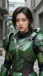 Forest Green Armored Liberator Hero In The Alleyway