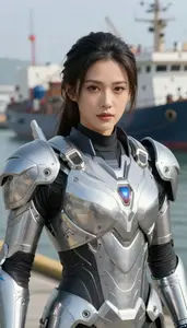 Futuristic Silver Armored Master Hero At The Harbor