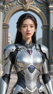 Futuristic Silver Armored Soldier Hero At The Gate
