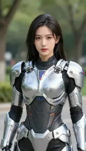 Futuristic Silver Armored Fighter Hero In The Public Park
