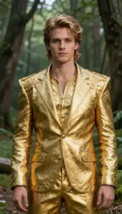 Gilded Gold Suited Paragon Hero On The Forest Trail