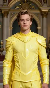 Glowing Yellow Suited Knight Hero In The Museum