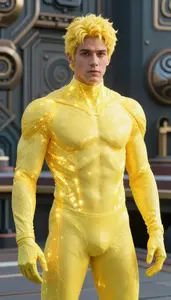 Glowing Yellow Suited Titan Hero On The Pier