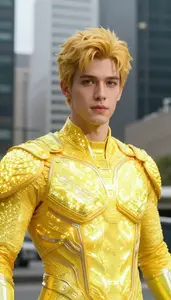 Glowing Yellow Suited Titan Hero In The Metropolitan City