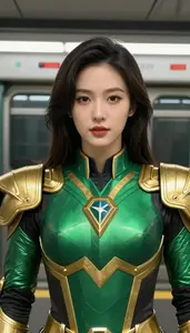 Green And Gold Defender Hero In The Subway Station