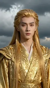 Heavenly Gold Suited Savior Hero In The Storm Cloud