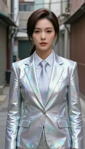 Holographic Silver Suited Agent Hero In The Alleyway