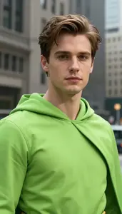 Lime Green Caped Captain Hero In The Metropolis