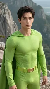 Lime Green Caped Champion Hero On The Mountain Peak
