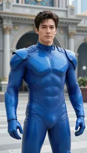 Liquid Blue Suited Titan Hero In The City Plaza