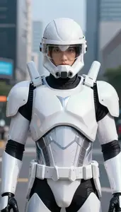 Luminous White Armored Enforcer Hero In The Downtown