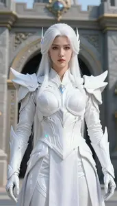 Luminous White Armored Harbinger Hero At The Fortress Gate