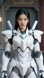 Luminous White Armored Fighter Hero In The Corridor