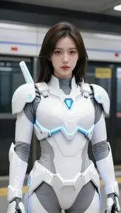 Luminous White Armored Avenger Hero In The Subway Station