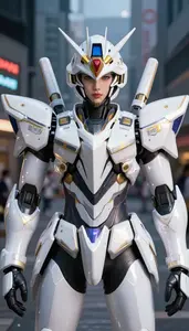 Luminous White Armored Bastion Hero In The City Street