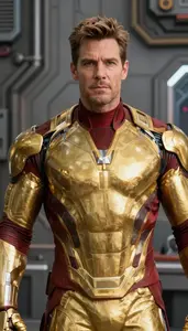 Massive Gold Suited Avenger Hero At The Industrial Complex