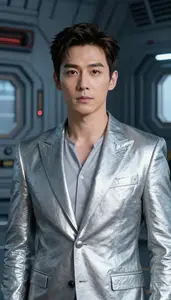 Metallic Silver Suited Captain Hero On The Bridge