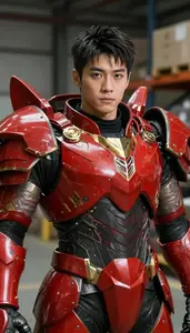 Mighty Red Armored Knight Hero In The Warehouse