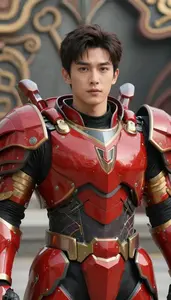 Mighty Red Armored Knight Hero In The Park