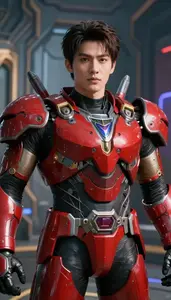 Mighty Red Armored Protector Hero On The Skyway