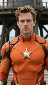 Molten Orange Caped Avenger Hero On The Pier