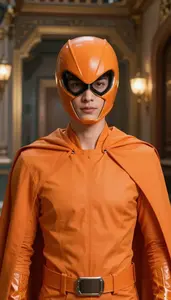 Molten Orange Caped Fighter Hero In The Corridor