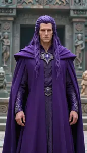 Mystical Purple Caped Colossus Hero At The Ancient Ruins