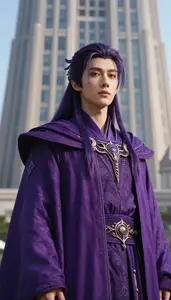 Mystical Purple Caped Lord Hero At The Downtown Tower