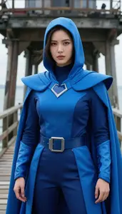 Neon Blue Caped Warden Hero On The Pier