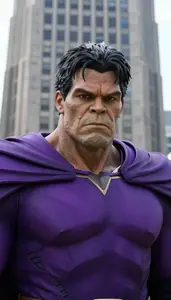 Noble Purple Caped Titan Hero At The Downtown Tower
