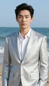 Platinum Metallic Suited General Hero At The Ocean Shore