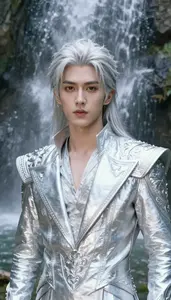 Platinum Metallic Suited Guardian Hero At The Waterfall
