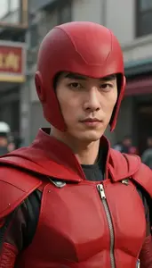 Powerful Red Caped Soldier Hero In The Commercial District