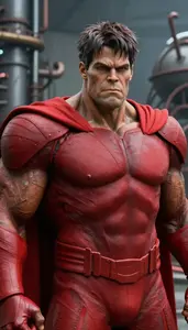 Powerful Red Caped Titan Hero At The Industrial Complex